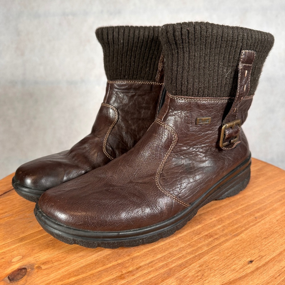 Rieker Antistress Ankle Boots Women Size 40 Brown Leather Knit Cuff Good Buckle